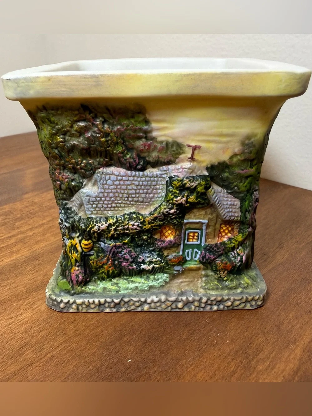 Thomas Kinkade Hand-Painted Cottage Planter in Green, Yellow, Blue and Brown